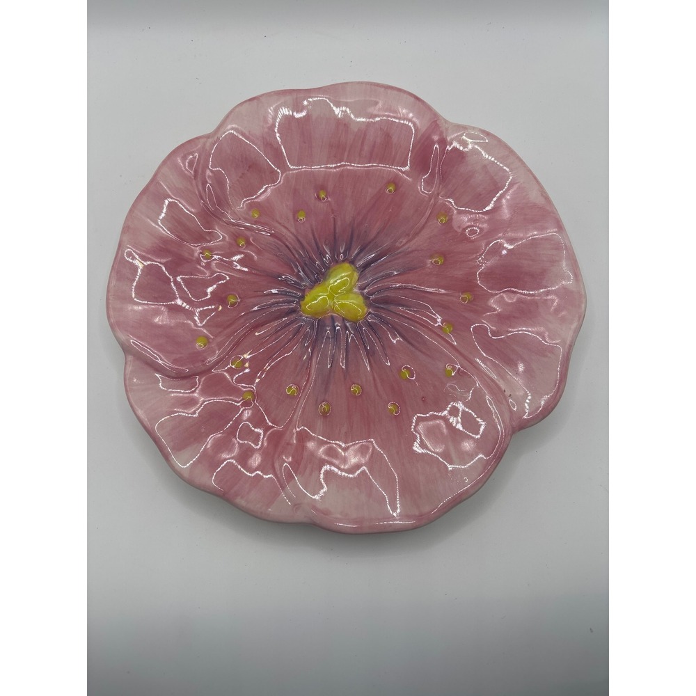 Maxcera Hand Painted Pink Flower Ceramic Appetizer Plate Scalloped Floral Dish